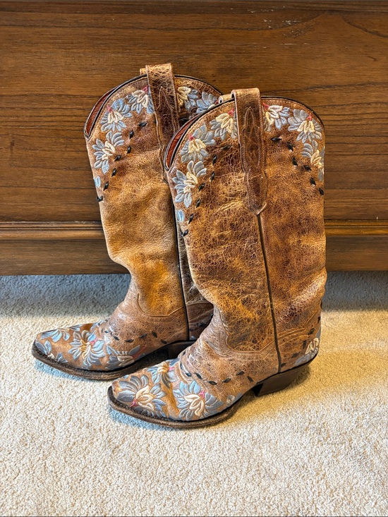 Dan Post Shoes - Dan Post Women’s Embroidered Brown Leather Cowboy Boots with Blue Floral Accents